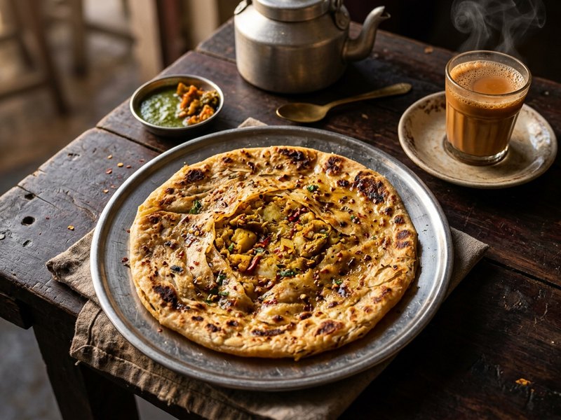 Aloo Achari Paratha — Potato and pickle together — sharp, spicy and satisfying.