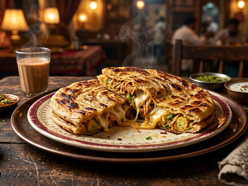 Aloo Chicken Cheese Paratha — The full house: potato, chicken and cheese in one fold.