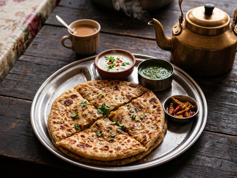 Aloo Paratha — Spiced potato mash, stuffed generously and pan-crisped.