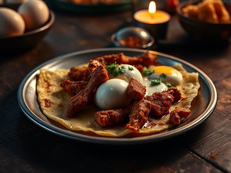 Anda Chicken Omelette — Masala chicken folded through fluffy eggs. Filling and rich.
