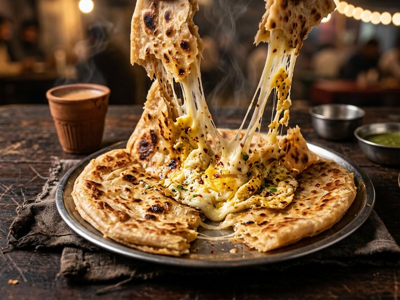 Cheese Anda Paratha — Egg and cheese sealed together for a rich, soft centre.