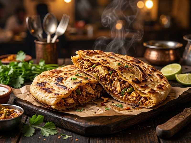 Chicken Achari Paratha — Tangy pickle masala cutting through tender chicken.