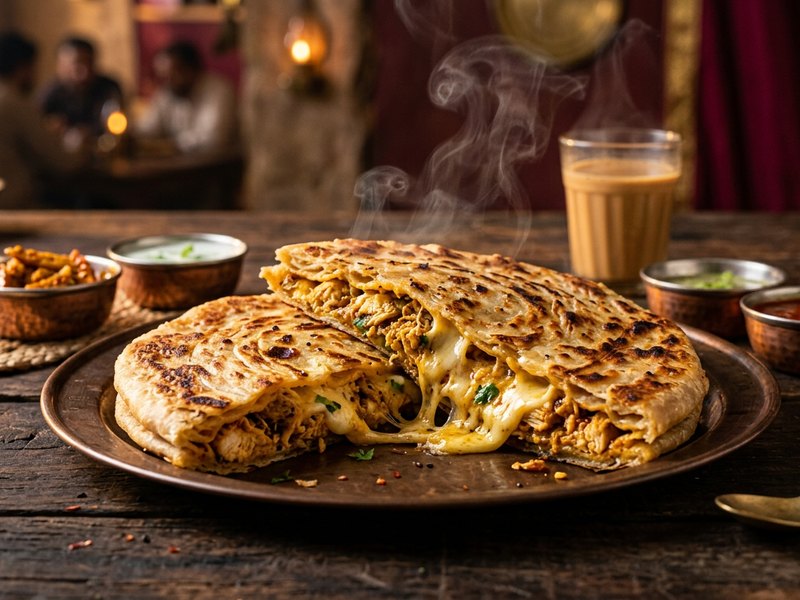 Chicken Cheese Achari Paratha — Sharp achari heat softened by generous molten cheese.