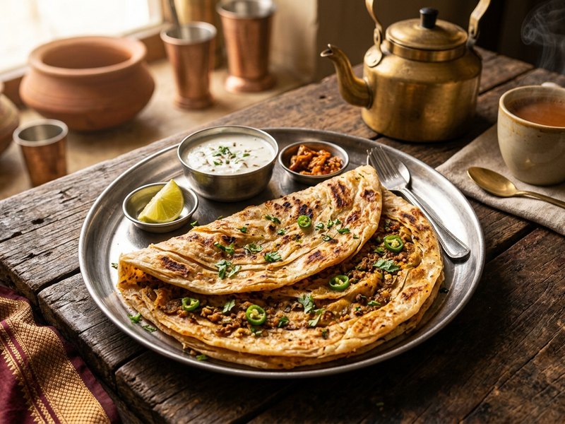 Qeema Wala Paratha — Slow-cooked minced meat masala folded into fresh dough.