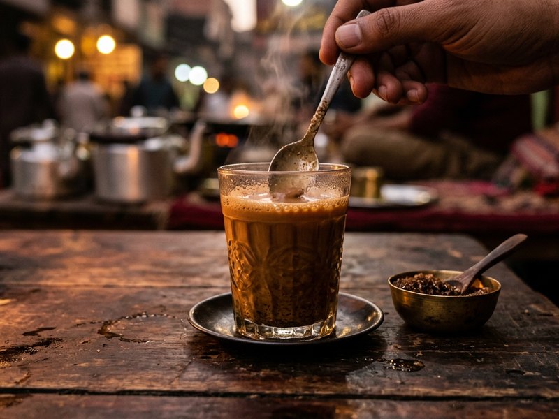 Shakar Wali Chai — Raw sugar stirred slowly into gently boiled milk tea.